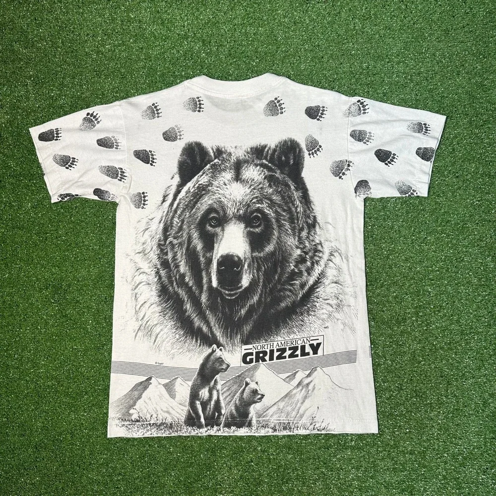 Vintage 90s AOP Bear North American Grizzly Bear‎ T-Shirt Single Stitch Large